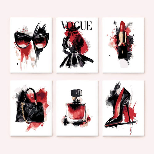 6 Mini Paintings - Red & Black glamour set